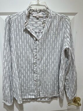 LOFT White and Navy Striped Ruffle-Front Button Shirt